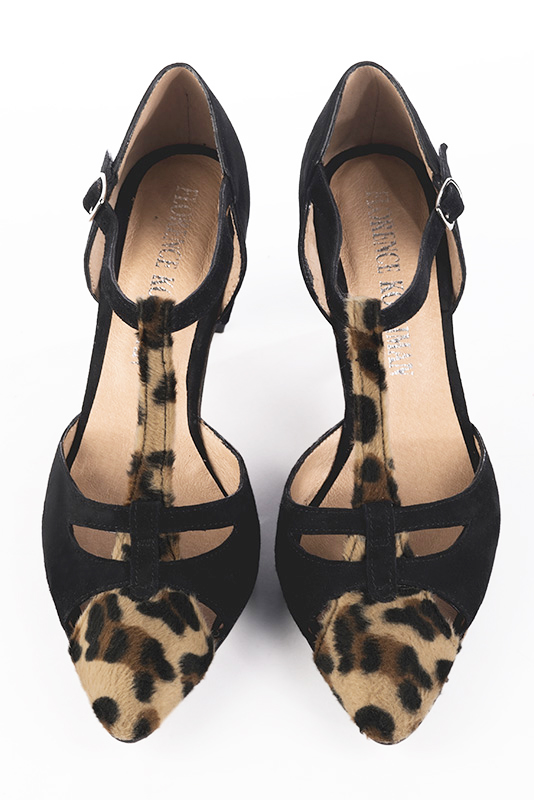 Safari black women's T-strap open side shoes. Tapered toe. High comma heels. Top view - Florence KOOIJMAN